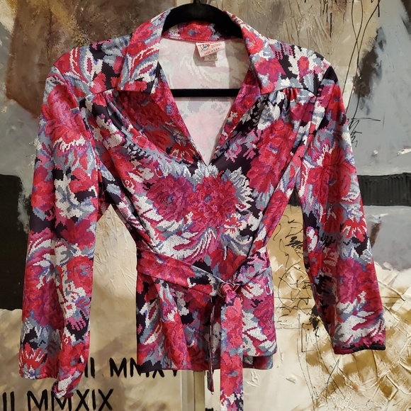 VINTAGE Haband for Her Collared Vneck Floral Print Blouse with Belt - Picture 1 of 11